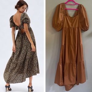 (A8) MINKPINK Yasamin puff sleeve tiered midi dress Carmel, Size Large